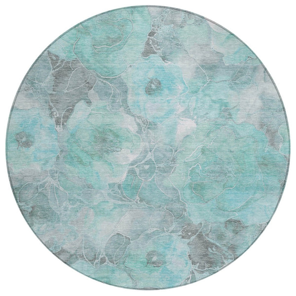 HomeRoots 5' Timeless Teal Blue and Gray Floral Indoor Outdoor Area Rug for Stylish Living Spaces & Patios 8' Round 623110