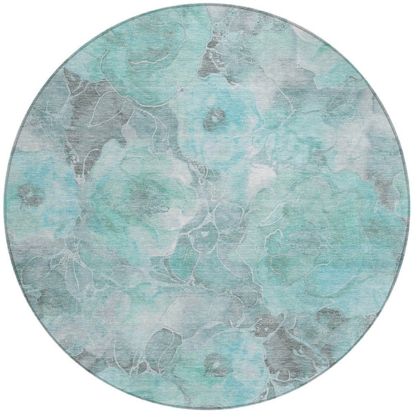 HomeRoots 5' Timeless Teal Blue and Gray Floral Indoor Outdoor Area Rug for Stylish Living Spaces & Patios 8' Round 623110