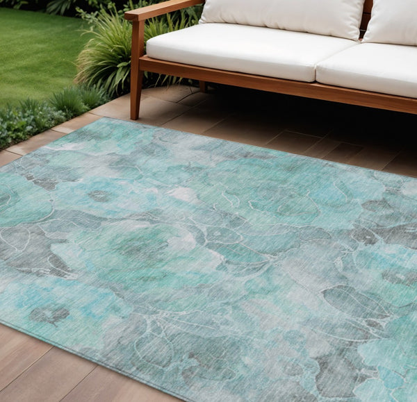 HomeRoots 5' Timeless Teal Blue and Gray Floral Indoor Outdoor Area Rug for Stylish Living Spaces & Patios 8' X 10' 623111