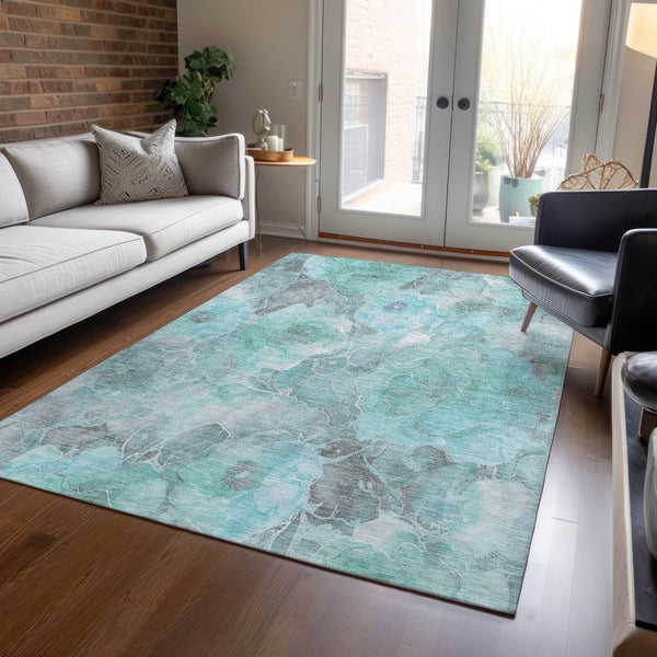 HomeRoots 5' Timeless Teal Blue and Gray Floral Indoor Outdoor Area Rug for Stylish Living Spaces & Patios 8' X 10' 623111