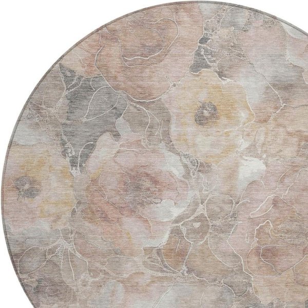 HomeRoots 5' Durable Taupe and Gray Floral Washable Area Rug for Indoor and Outdoor Elegance and Comfort 8' Round 623116