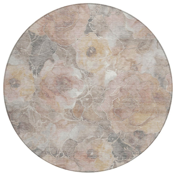 HomeRoots 5' Durable Taupe and Gray Floral Washable Area Rug for Indoor and Outdoor Elegance and Comfort 8' Round 623116