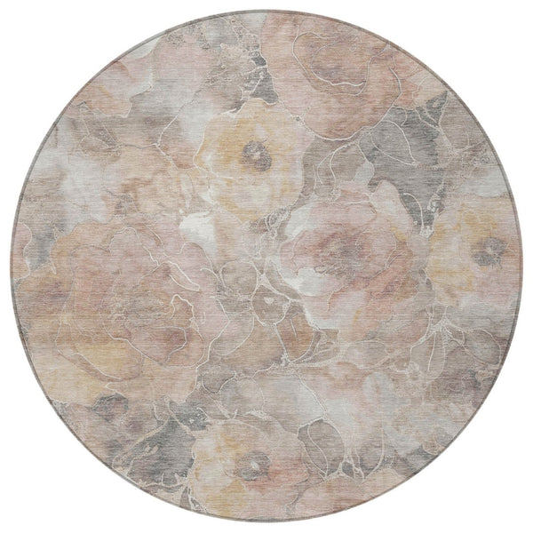HomeRoots 5' Durable Taupe and Gray Floral Washable Area Rug for Indoor and Outdoor Elegance and Comfort 8' Round 623116