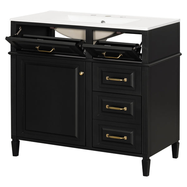 English Elm 36-Inch Bathroom Vanity With Ceramic Sink Top, Adjustable Shelf, And Modern Flip Drawer Design For Storage N725P350849B