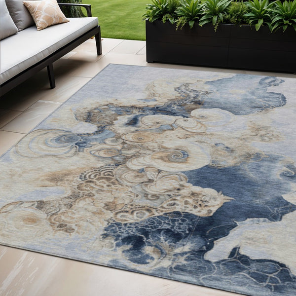 HomeRoots 5' Durable Denim Blue and Beige Abstract Area Rug – Washable for Indoor and Outdoor Spaces, Stylish Comfort 5' X 8' 623121