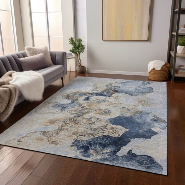 HomeRoots 5' Durable Denim Blue and Beige Abstract Area Rug – Washable for Indoor and Outdoor Spaces, Stylish Comfort 5' X 8' 623121