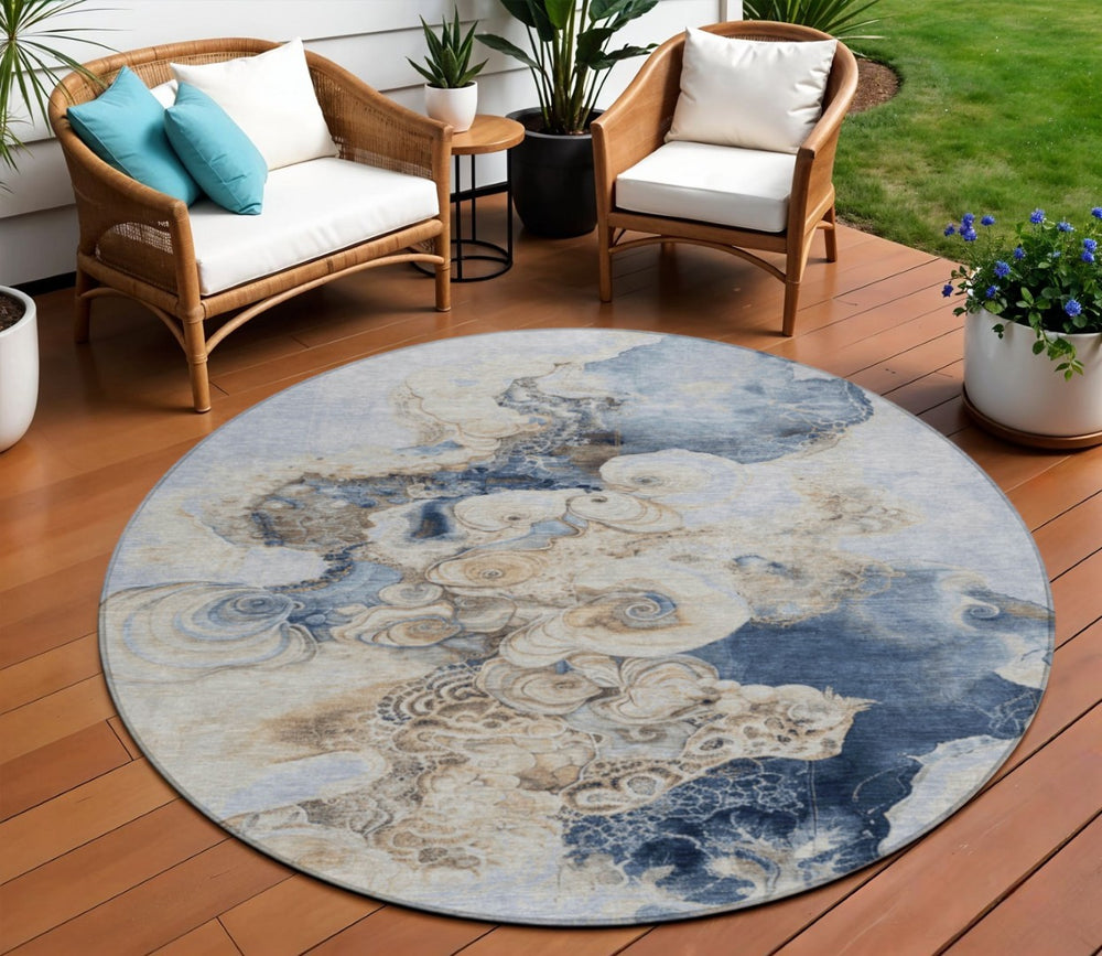 HomeRoots 5' Durable Denim Blue and Beige Abstract Area Rug – Washable for Indoor and Outdoor Spaces, Stylish Comfort 8' Round 623122