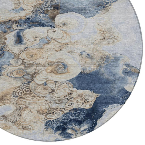 HomeRoots 5' Durable Denim Blue and Beige Abstract Area Rug – Washable for Indoor and Outdoor Spaces, Stylish Comfort 8' Round 623122