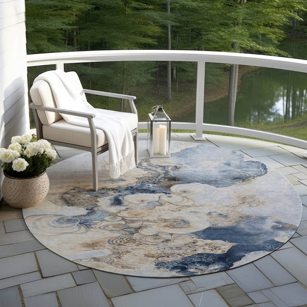 HomeRoots 5' Durable Denim Blue and Beige Abstract Area Rug – Washable for Indoor and Outdoor Spaces, Stylish Comfort 8' Round 623122
