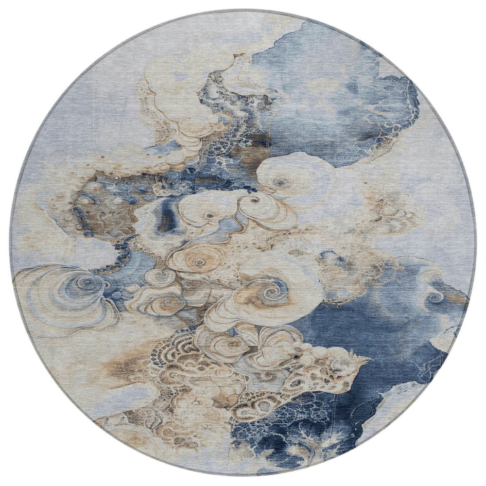 HomeRoots 5' Durable Denim Blue and Beige Abstract Area Rug – Washable for Indoor and Outdoor Spaces, Stylish Comfort 8' Round 623122