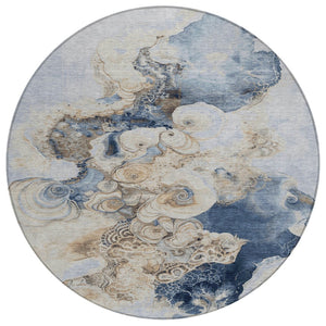 HomeRoots 5' Durable Denim Blue and Beige Abstract Area Rug – Washable for Indoor and Outdoor Spaces, Stylish Comfort 8' Round 623122