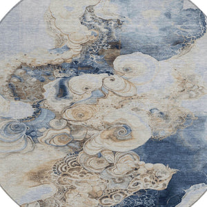 HomeRoots 5' Durable Denim Blue and Beige Abstract Area Rug – Washable for Indoor and Outdoor Spaces, Stylish Comfort 8' Round 623122
