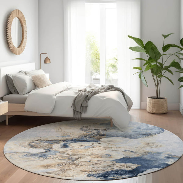 HomeRoots 5' Durable Denim Blue and Beige Abstract Area Rug – Washable for Indoor and Outdoor Spaces, Stylish Comfort 8' Round 623122
