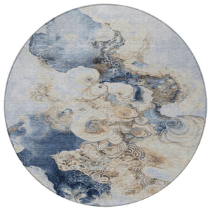 HomeRoots 5' Durable Denim Blue and Beige Abstract Area Rug – Washable for Indoor and Outdoor Spaces, Stylish Comfort 8' Round 623122