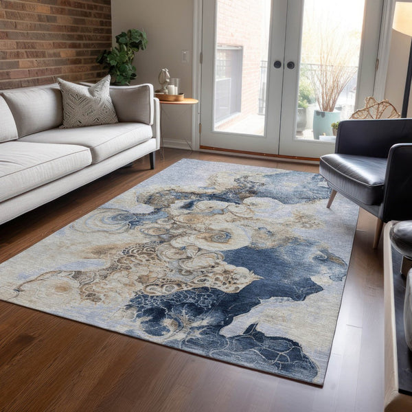 HomeRoots 5' Durable Denim Blue and Beige Abstract Area Rug – Washable for Indoor and Outdoor Spaces, Stylish Comfort 9' X 12' 623124