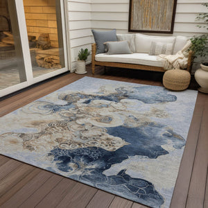 HomeRoots 5' Durable Denim Blue and Beige Abstract Area Rug – Washable for Indoor and Outdoor Spaces, Stylish Comfort 10' X 14' 623125
