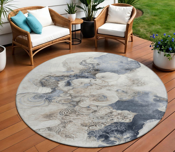 HomeRoots 5' Versatile Ivory and Taupe Abstract Area Rug - Stylish, Washable, Durable for Indoor-Outdoor Use 8' Round 623134