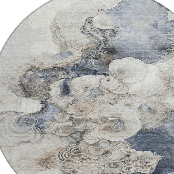 HomeRoots 5' Versatile Ivory and Taupe Abstract Area Rug - Stylish, Washable, Durable for Indoor-Outdoor Use 8' Round 623134