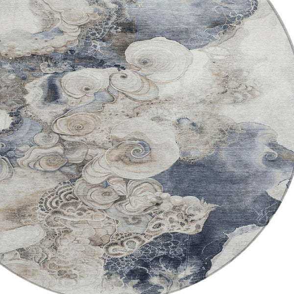 HomeRoots 5' Versatile Ivory and Taupe Abstract Area Rug - Stylish, Washable, Durable for Indoor-Outdoor Use 8' Round 623134
