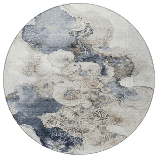 HomeRoots 5' Versatile Ivory and Taupe Abstract Area Rug - Stylish, Washable, Durable for Indoor-Outdoor Use 8' Round 623134