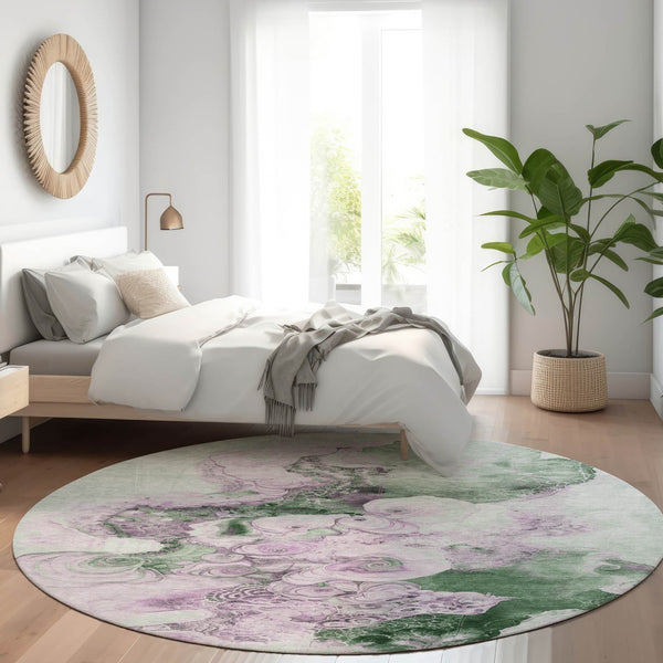 HomeRoots 5' Sage and Lavender Abstract Area Rug - Durable, Washable Design for Indoor and Outdoor Spaces 8' Round 623140