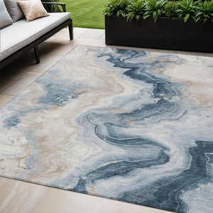HomeRoots 5' Stylish Beige and Navy Blue Abstract Washable Area Rug for Indoor and Outdoor Spaces 5' X 8' 623163