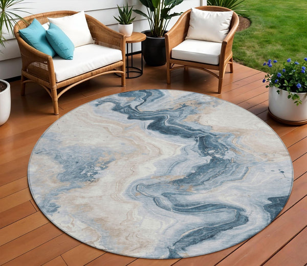 HomeRoots 5' Stylish Beige and Navy Blue Abstract Washable Area Rug for Indoor and Outdoor Spaces 8' Round 623164