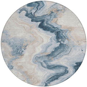 HomeRoots 5' Stylish Beige and Navy Blue Abstract Washable Area Rug for Indoor and Outdoor Spaces 8' Round 623164