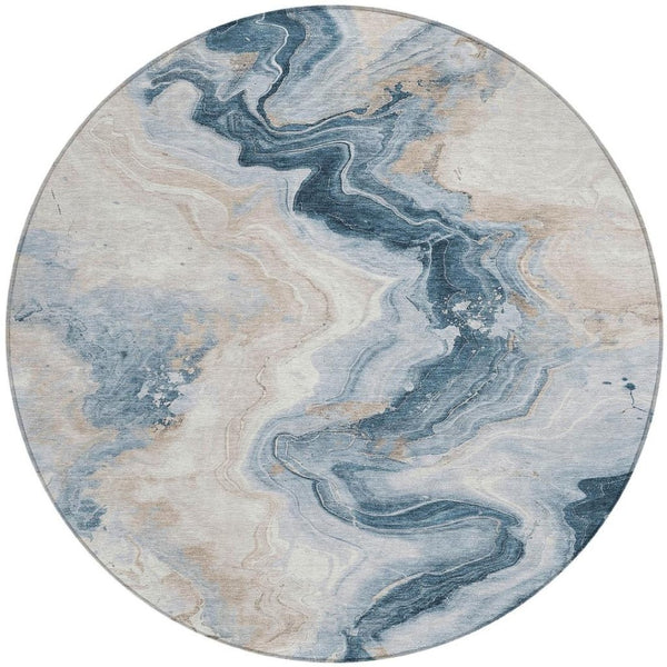 HomeRoots 5' Stylish Beige and Navy Blue Abstract Washable Area Rug for Indoor and Outdoor Spaces 8' Round 623164