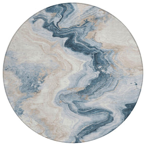 HomeRoots 5' Stylish Beige and Navy Blue Abstract Washable Area Rug for Indoor and Outdoor Spaces 8' Round 623164