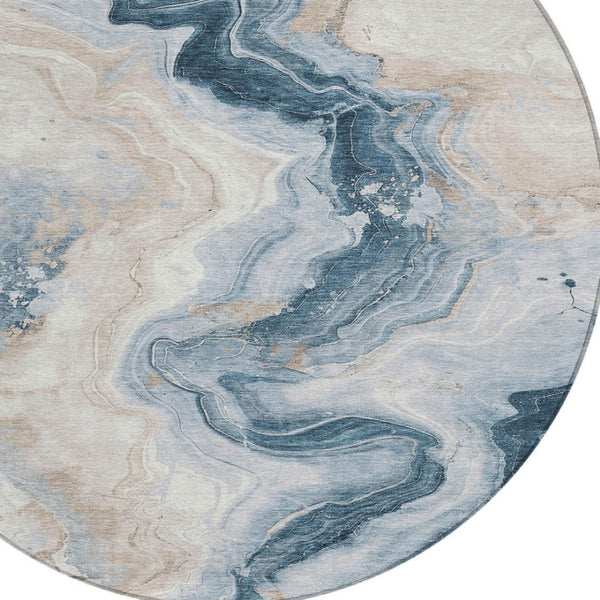 HomeRoots 5' Stylish Beige and Navy Blue Abstract Washable Area Rug for Indoor and Outdoor Spaces 8' Round 623164