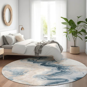 HomeRoots 5' Stylish Beige and Navy Blue Abstract Washable Area Rug for Indoor and Outdoor Spaces 8' Round 623164