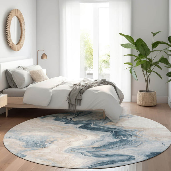 HomeRoots 5' Stylish Beige and Navy Blue Abstract Washable Area Rug for Indoor and Outdoor Spaces 8' Round 623164