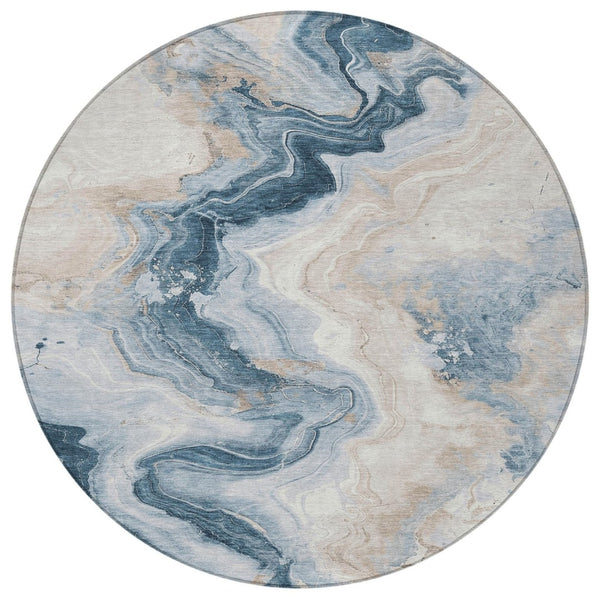 HomeRoots 5' Stylish Beige and Navy Blue Abstract Washable Area Rug for Indoor and Outdoor Spaces 8' Round 623164
