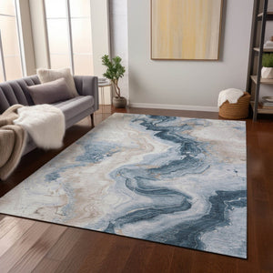 HomeRoots 5' Stylish Beige and Navy Blue Abstract Washable Area Rug for Indoor and Outdoor Spaces 8' X 10' 623165