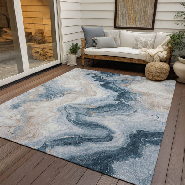 HomeRoots 5' Stylish Beige and Navy Blue Abstract Washable Area Rug for Indoor and Outdoor Spaces 9' X 12' 623166