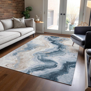 HomeRoots 5' Stylish Beige and Navy Blue Abstract Washable Area Rug for Indoor and Outdoor Spaces 9' X 12' 623166