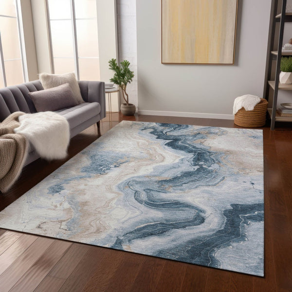 HomeRoots 5' Stylish Beige and Navy Blue Abstract Washable Area Rug for Indoor and Outdoor Spaces 9' X 12' 623166