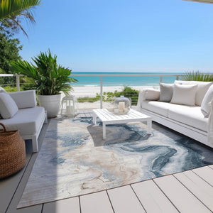 HomeRoots 5' Stylish Beige and Navy Blue Abstract Washable Area Rug for Indoor and Outdoor Spaces 9' X 12' 623166
