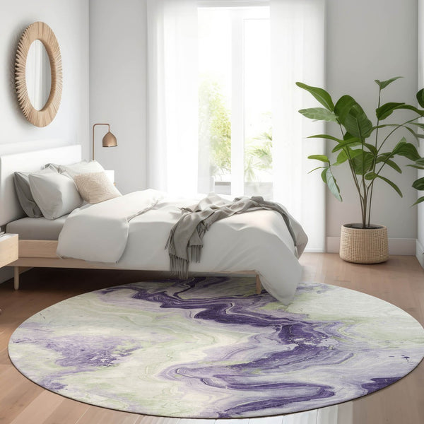 HomeRoots 5' Abstract Lavender and Mint Green Washable Area Rug for Indoor and Outdoor Spaces, Durable and Stylish 8' Round 623170