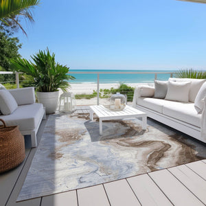 HomeRoots 5' Taupe and Ivory Abstract Area Rug - Stylish Washable Design for Indoor and Outdoor Spaces 8' X 10' 623183