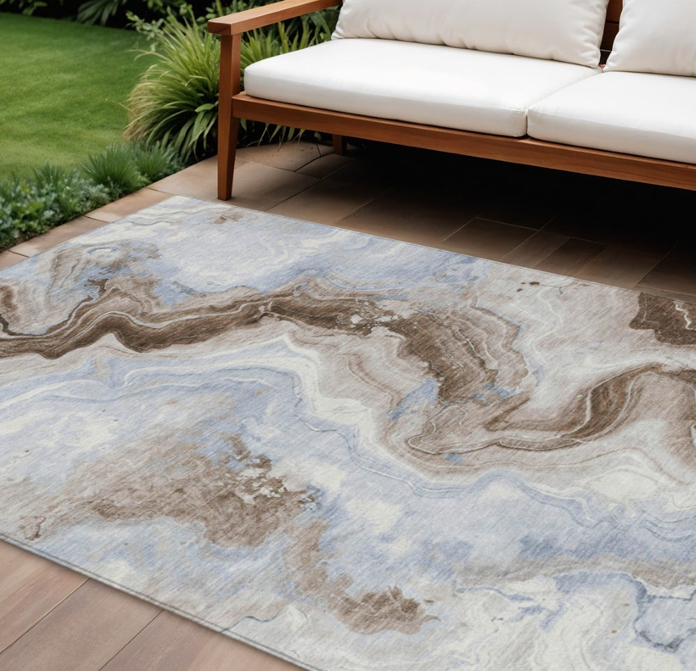 HomeRoots 5' Taupe and Ivory Abstract Area Rug - Stylish Washable Design for Indoor and Outdoor Spaces 10' X 14' 623185