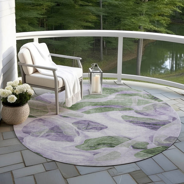 HomeRoots 5' Stylish Lavender and Green Abstract Indoor Outdoor Area Rug - Durable, Washable, Family-Friendly Design 8' Round 623194