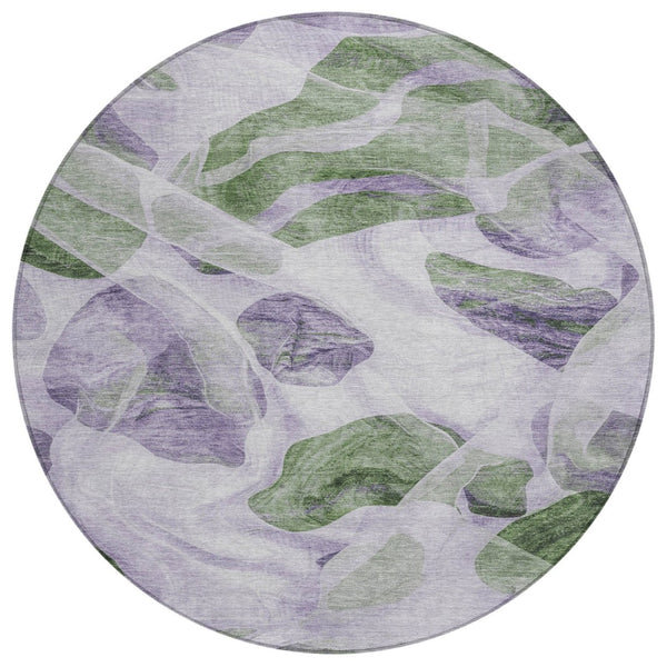 HomeRoots 5' Stylish Lavender and Green Abstract Indoor Outdoor Area Rug - Durable, Washable, Family-Friendly Design 8' Round 623194