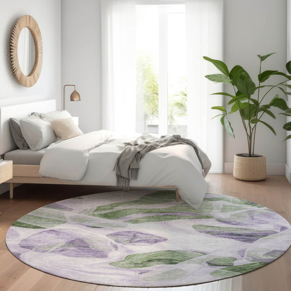 HomeRoots 5' Stylish Lavender and Green Abstract Indoor Outdoor Area Rug - Durable, Washable, Family-Friendly Design 8' Round 623194