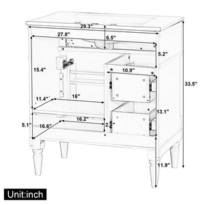 English Elm 30" Freestanding Bathroom Vanity Rubberwood Frame Ceramic Sink Flip Drawer Storage Black N725P356062B