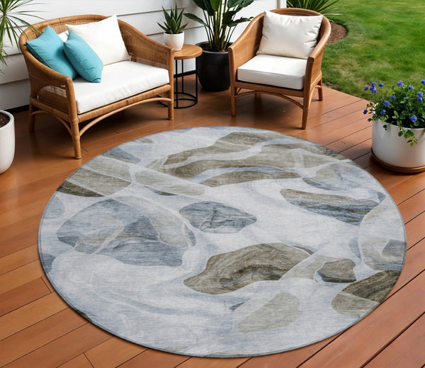 HomeRoots 5' Sky Blue and Taupe Abstract Area Rug - Stylish, Washable, Durable for Indoor and Outdoor Use 8' Round 623206