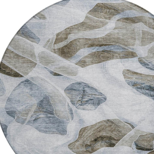 HomeRoots 5' Sky Blue and Taupe Abstract Area Rug - Stylish, Washable, Durable for Indoor and Outdoor Use 8' Round 623206