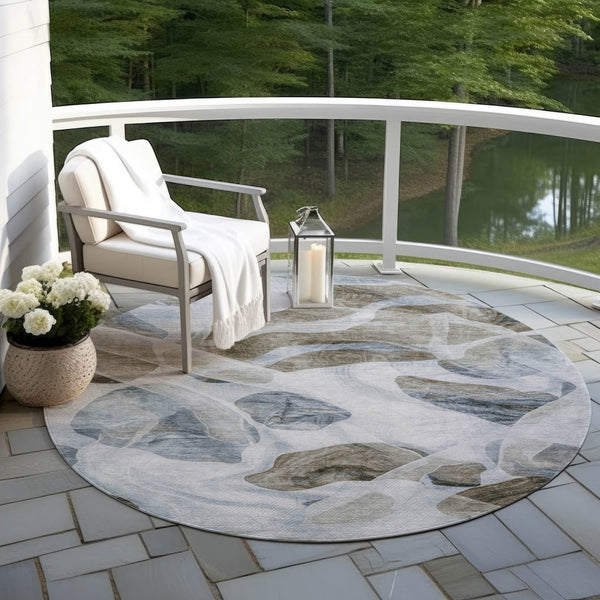 HomeRoots 5' Sky Blue and Taupe Abstract Area Rug - Stylish, Washable, Durable for Indoor and Outdoor Use 8' Round 623206