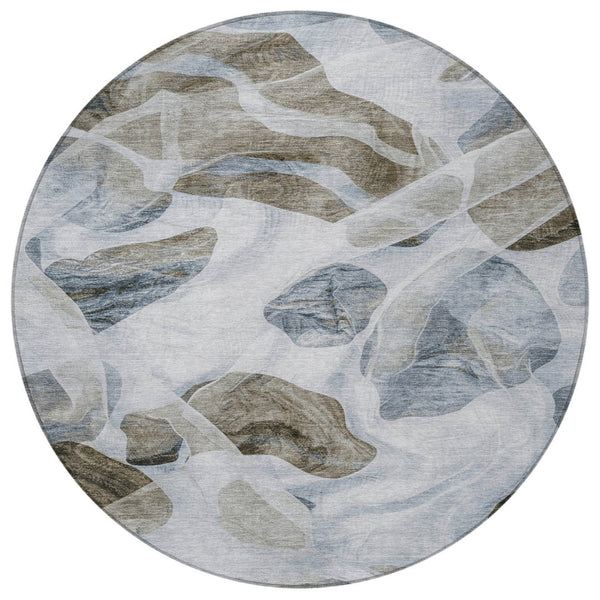 HomeRoots 5' Sky Blue and Taupe Abstract Area Rug - Stylish, Washable, Durable for Indoor and Outdoor Use 8' Round 623206